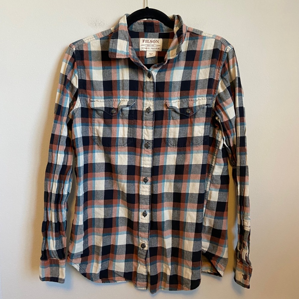 Filson Womens Scout Cotton Button‎ Down Flannel Shirt Blue Rust Large
